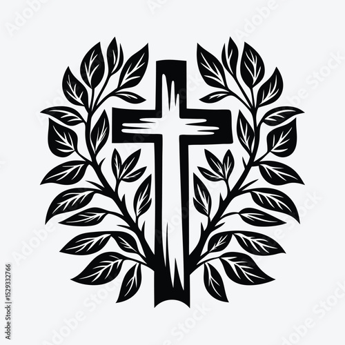 Dark outlined cross is encircled by leafy branch on a plain white background