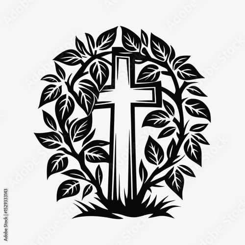 Christian cross symbol surrounded by laurel branches creates a strong religious representation