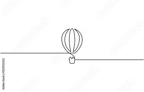 Hot Air Balloon in one continuous line drawing, Minimalist black linear design isolated on white background, concept in simple linear style. Editable stroke. Doodle vector illustration.