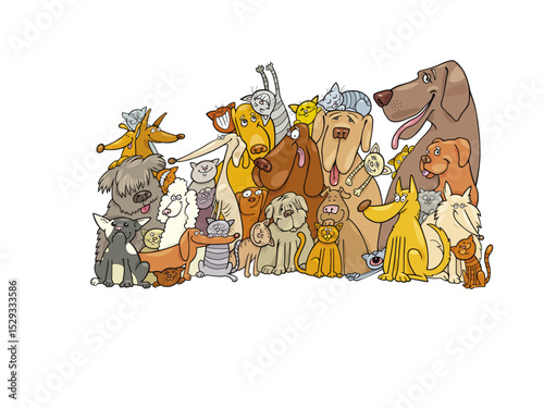 A Whimsical Gathering of Adorable Dogs and Playful Cats in a Cartoon Illustration