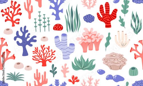Seamless pattern coral and seaweed set. Ocean plants, underwater flora, sponges and seagrasses. Aquatic plant, algae, tropical coral-reef background. Hand drawn flat vector illustration