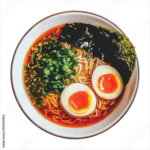 Delicious japanese ramen noodles with soft boiled eggs and seaweed isolated on white background