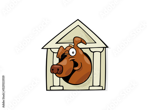 A Happy Cartoon Dog Peeking Out From a Classic Style Kennel Building