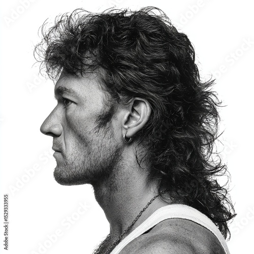 Black and white portrait of man with mullet hairstyle and earring side view on white background studio shot