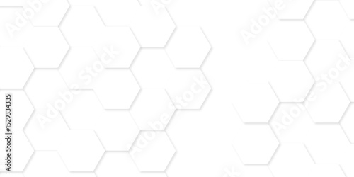 Minimal white hexagonal with hexagon modern technology creative emboss light honeycomb polygonal web. abstract geometric science and mosaic tile with template texture background.	