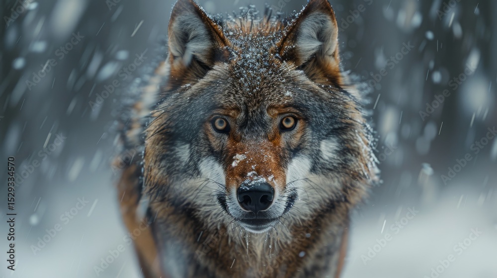 Fototapeta premium A powerful wolf standing strong amidst snowflakes in a winter landscape, embodying the spirit of the wild and the beauty of nature's harsh elements.