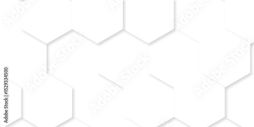 Minimal white hexagonal with hexagon modern technology creative emboss light honeycomb polygonal web. abstract geometric science and mosaic tile with template texture background.	