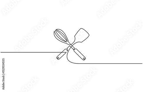 Whisk and rolling pin kitchen utensils continuous one line drawing. Hand drawn linear cooking icon fork and knife in continuous line drawing style. Line art silhouette of cutlery.