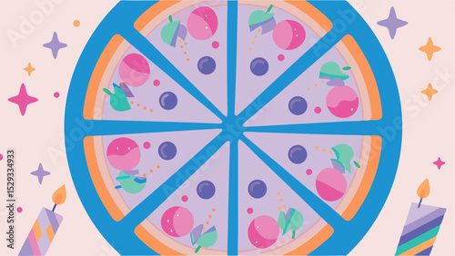 A whimsical birthday pizza with colorful toppings and candles on a light pink background with stars all around