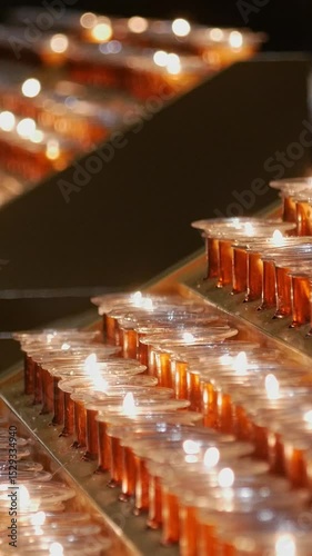 Rows of candles burn gently, a hand places another candle, adding to the serene