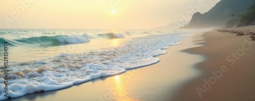 Soft wavelets lap gently on sandy shore, misty horizon, peaceful scene , light rays, tranquil, relaxing