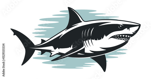 Stylized Great White Shark Illustration with Open Mouth and Visible Teeth Dark Gray and White Color Scheme on Light Blue Background