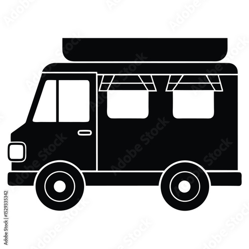 Street Food Delivery Van – Black Vector Icon of Catering Truck

