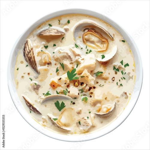Creamy clam chowder in white bowl overhead view isolated on white background