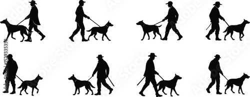 Silhouettes of man with hunting dog vector set on transparent background