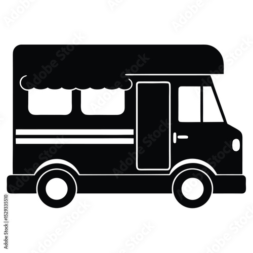 Side View Food Truck Vector – Black Monochrome Icon of Mobile Snack Van

