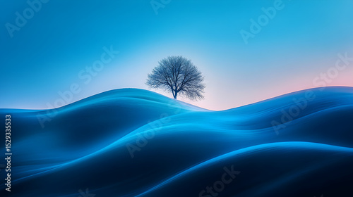 Lone tree blue dunes abstract tranquil landscape