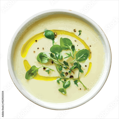 Creamy soup in white bowl with greens and oil isolated on white background