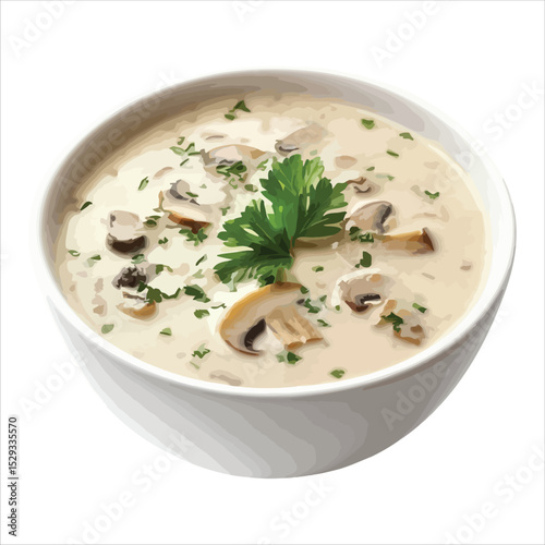Creamy mushroom soup in white bowl parsley garnish isolated on white background