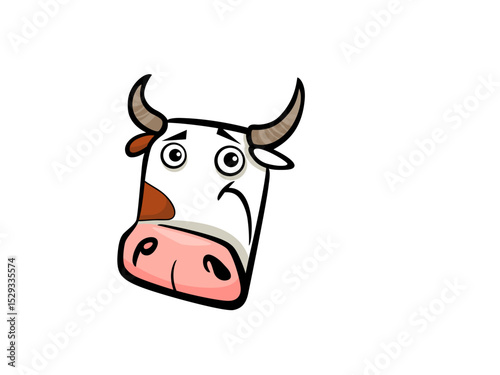 Cartoon Sad Cow Head Face with Big Eyes and Pink Nose Looking Confused