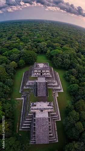Aerial Orbit of Restored Mayan Pyramid in Lush Rainforest