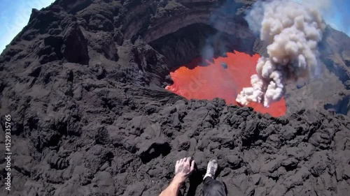 First-Person Summit of Active Volcano Crater with Molten Lava