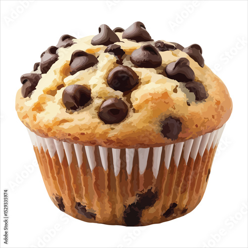 Delicious freshly baked chocolate chip muffin isolated on white background