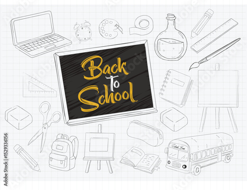 Back to School Chalkboard Surrounded by Sketches of School Supplies and Equipment on Grid Background