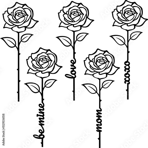 Topper SVG Bundle - Minimalist Black Line Roses with Be Mine XOXO Love Mom Phrases - Laser Cut Floral Cake Decor for Weddings DIY Digital Files