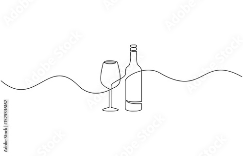 Wine bottle and wine glass drawing with one continuous line, Continuous line one drawing of wine bottle with wineglass, The image shows the silhouette of a vermouth.