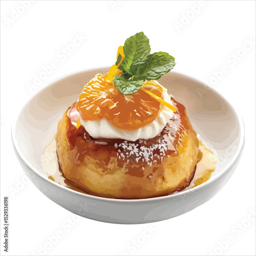Delicious glazed dessert with orange whipped cream and mint isolated on white background