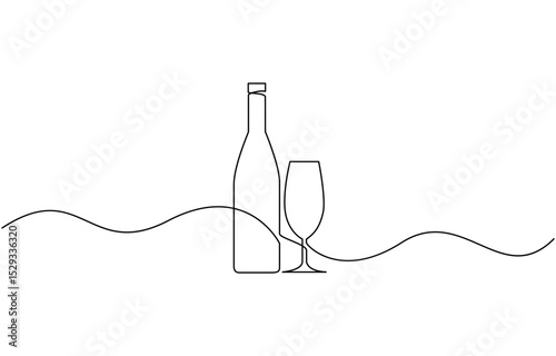 Wine bottle and wine glass drawing with one continuous line, Continuous line one drawing of wine bottle with wineglass, The image shows the silhouette of a vermouth.