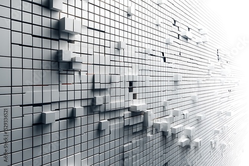 Abstract 3D rendering of a white textured wall with extruded cubes creating a futuristic design.