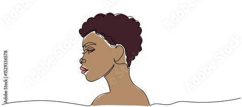 Continuous line drawing of an African American woman on a white background. Stylish portrait of a woman with natural hair emerging from water, showcasing elegance and beauty