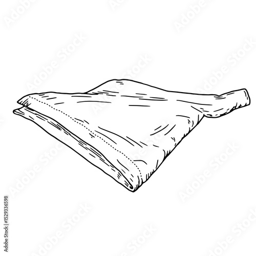 Folded linen napkin, black and white ink sketch. Vector illustration. Kitchen towel, insulated on a white background. It is drawn in a simple style. For food, cuisine, catering, and cleaning.