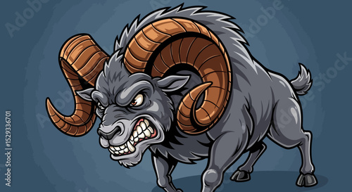 Aggressive Cartoon Ram with Large Curving Horns