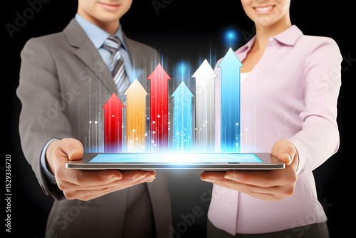 Two business professionals holding a tablet projecting colorful upward arrows symbolizing growth and success.