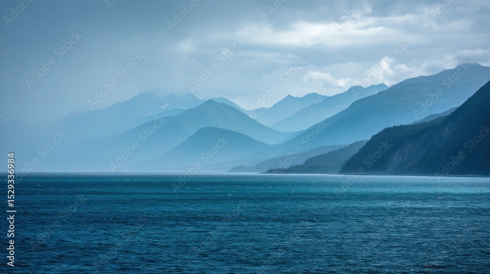 Serene Coastal Mountain Landscape under a Cloudy Sky Serene Coastal Mountain Landscape under a Cloudy Sky