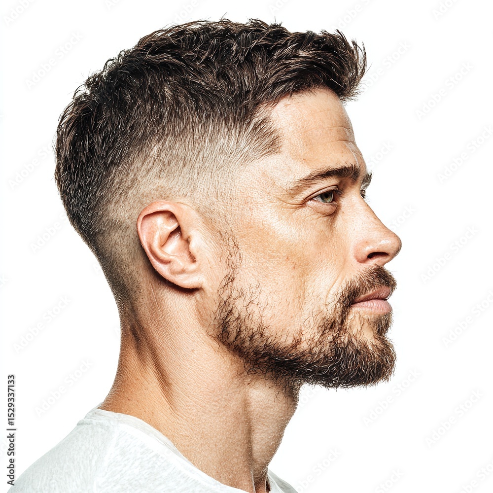 Obraz premium Man with fade haircut and beard style showcasing male grooming trends and stylish men's hairstyles