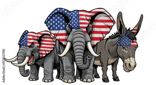 American Political Symbols: Elephants and Donkey with US Flags