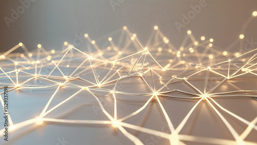 Glowing geometric network of connected nodes illustrating data connection and technology