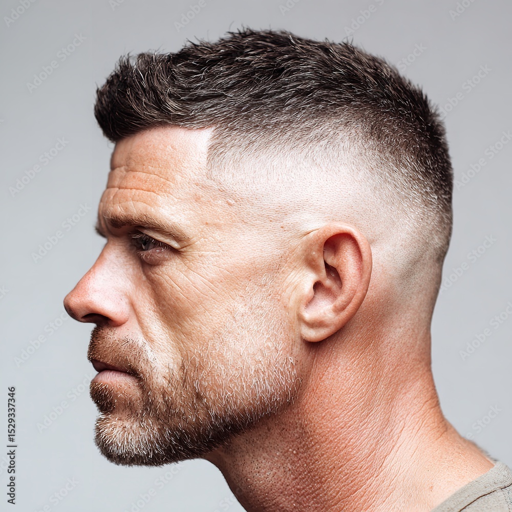 Fototapeta premium Men's haircut trends: modern fade haircut style for men with short hair and beard grooming inspiration