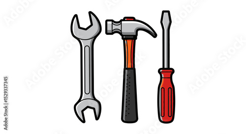 Cartoon illustration of a wrench, hammer, and screwdriver