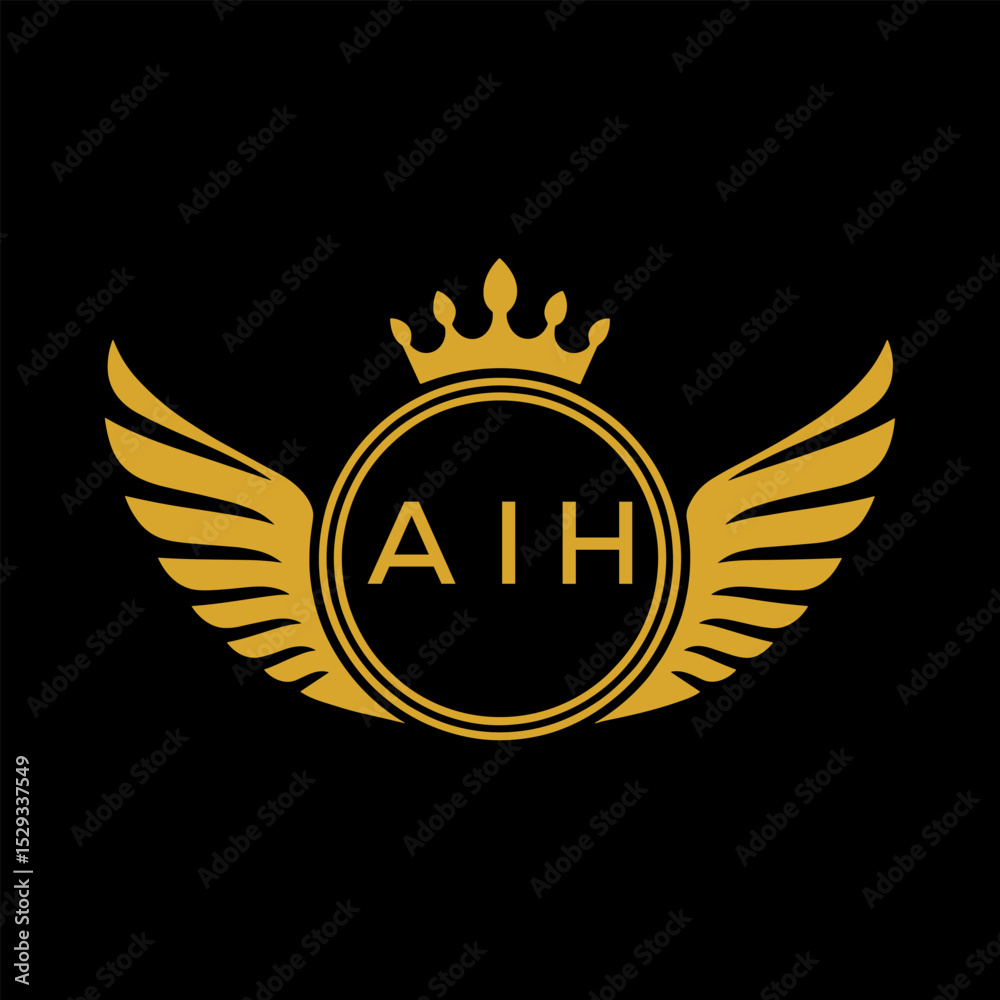 Naklejka premium AIH Royal Golden Wing Logo with Crown and Initials - Premium Brand Identity Design on Black Background. AIH Letter Logo. 