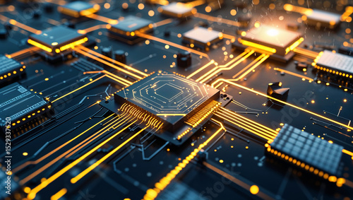Illuminated circuit board close up depicting technology and electronic data processing