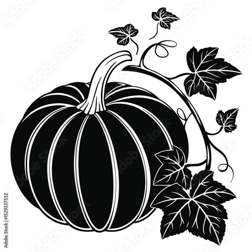 Isolated monochrome pumpkin adorned with foliage creates a beautiful fall harvest symbol gracefully and naturally