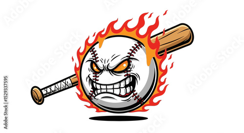 Angry Flaming Baseball with Bat Mascot Design