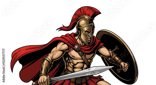 Cartoon Spartan Warrior with Sword and Shield in Attack Pose