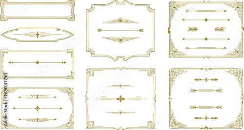 Elegant gold frame and border decorations with decorative elements and geometric designs on a white background.