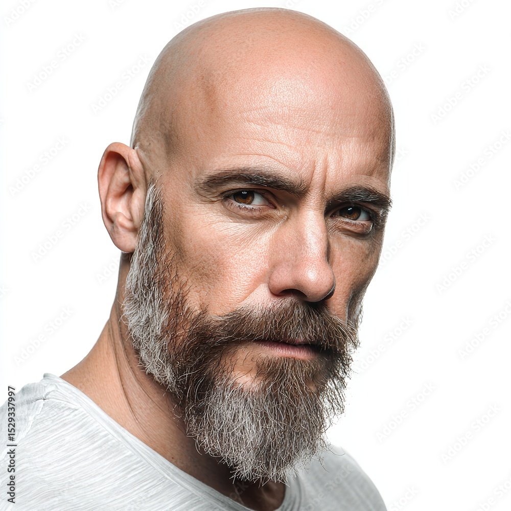 Fototapeta premium Portrait of a bald man with beard close up studio shot for mens grooming and personal care products
